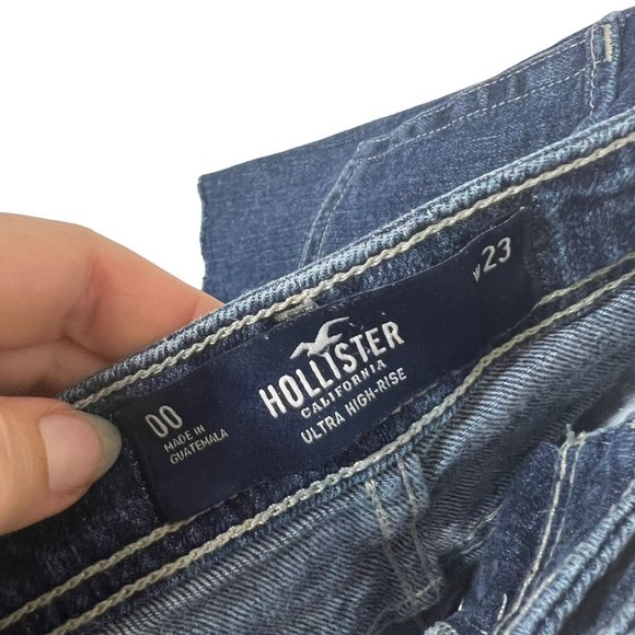 Hollister Ultra High Rise Distressed Cut Off Dark Wash Denim Shorts 00 - Picture 3 of 9